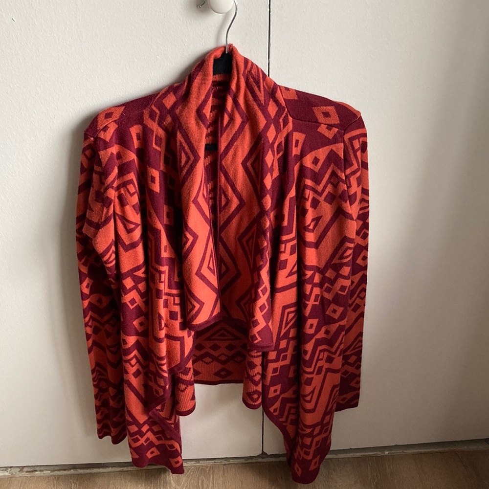 Orange & maroon drape front Aztec print cardigan
